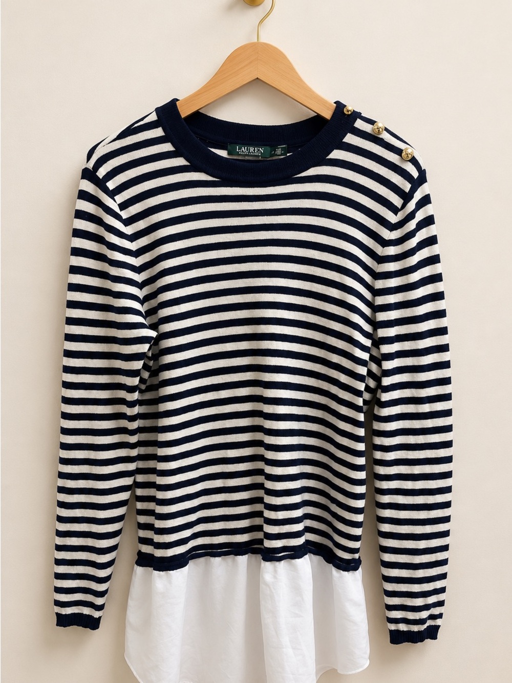 Lauren Ralph Lauren Women’s 2X Navy & White Striped Peplum Top Gold Button